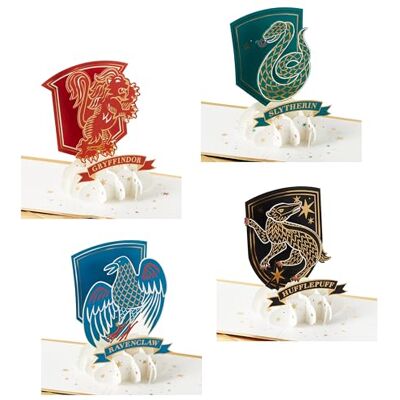 Hallmark Paquete de 4 tarjetas de felicitación 3D y desplegables de Harry Potter, paquete múltiple, escudo de la casa Hogwarts, Gryffindor, Slytherin, Ravenclaw, Hufflepuff Hallmark Paquete de 4 tarjetas de felicitación 3D y desplegables de Harry Potter, paquete múltiple, escudo de la casa Hogwarts, Gryffindor, Slytherin, Ravenclaw, Hufflepuff