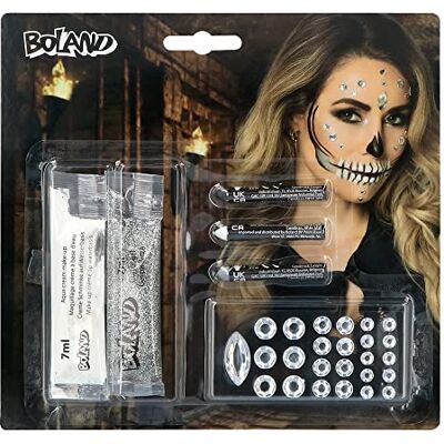 Boland – Juego de maquillaje de calavera de diamante, 3 lápices de maquillaje, 1 crema de maquillaje blanco, 1 gel de purpurina y 25 piedras preciosas, maquillaje, maquillaje, esqueleto Boland – Juego de maquillaje de calavera de diamante, 3 lápices de maquillaje, 1 crema de maquillaje blanco, 1 gel de purpurina y 25 piedras preciosas, maquillaje, maquillaje, esqueleto