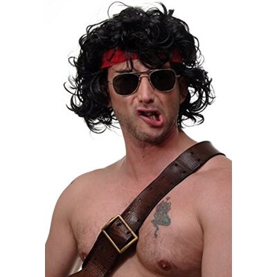 WIG ME UP - 3089-1 Peluca Carnaval Hombres años 80 quinqui Maestra de Baile mercenarios rizos Negros Cinta roja WIG ME UP - 3089-1 Peluca Carnaval Hombres años 80 quinqui Maestra de Baile mercenarios rizos Negros Cinta roja