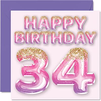 Stuff4 Tarjeta de cumpleaños número 34 para mujer, globos de purpurina rosa y morada, tarjetas de feliz cumpleaños para mujer de 34 años, amiga, hermana, madre, tía, tarjetas de felicitación de cumpleaños de Stuff4 Tarjeta de cumpleaños número 34 para mujer, globos de purpurina rosa y morada, tarjetas de feliz cumpleaños para mujer de 34 años, amiga, hermana, madre, tía, tarjetas de felicitación de cumpleaños de