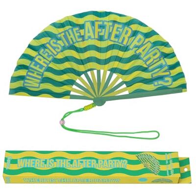 Fisura – Abanico original XXL con mensaje “After party?”. Abanico para festivales grande de madera moderno y colorido. Ventilador de mano verde. Colgador incluido. Medidas: 64 x 33 cm. Fisura – Abanico original XXL con mensaje “After party?”. Abanico para festivales grande de madera moderno y colorido. Ventilador de mano verde. Colgador incluido. Medidas: 64 x 33 cm.