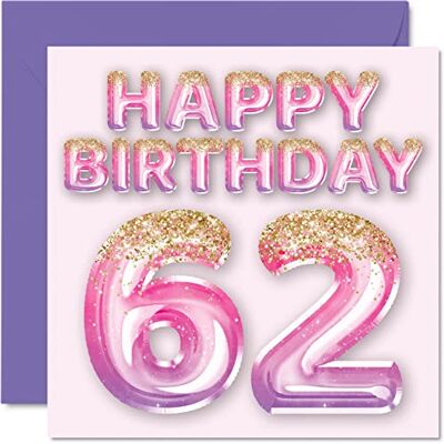 Stuff4 Tarjeta de cumpleaños número 62 para mujer, globos de purpurina rosa y morada, tarjetas de feliz cumpleaños para mujer de 62 años, mamá, niñera, abuela, tía, 145 mm x 145 mm, 62 tarjetas de Stuff4 Tarjeta de cumpleaños número 62 para mujer, globos de purpurina rosa y morada, tarjetas de feliz cumpleaños para mujer de 62 años, mamá, niñera, abuela, tía, 145 mm x 145 mm, 62 tarjetas de