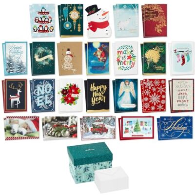 Hallmark Surtido de tarjetas de Navidad en caja con caja de recuerdo (48 tarjetas y sobres) ángeles, Papá Noel, pingüinos, Año Nuevo, muñecos de nieve, adornos Hallmark Surtido de tarjetas de Navidad en caja con caja de recuerdo (48 tarjetas y sobres) ángeles, Papá Noel, pingüinos, Año Nuevo, muñecos de nieve, adornos