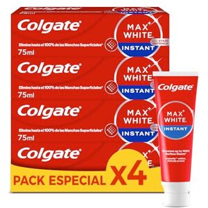 Colgate Max White Instant Pasta de dientes 4 x 75ml elimina 100% manchas superficiales, tecnología corrección color óptica blanquea al instante, segura para el esmalte Colgate Max White Instant Pasta de dientes 4 x 75ml elimina 100% manchas superficiales, tecnología corrección color óptica blanquea al instante, segura para el esmalte