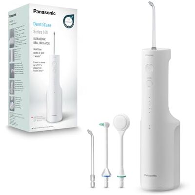 Panasonic Serie 600 Irrigador Bucal Ultrasónico EW-DJ67-W303, Irrigador Bucal para Dientes, 200 ml, IPX7, 2 Boquillas Ultrasónicas, 1 Boquilla Ortodoncia y 1 para la Lengua, 5 Presiónes, Blanco Panasonic Serie 600 Irrigador Bucal Ultrasónico EW-DJ67-W303, Irrigador Bucal para Dientes, 200 ml, IPX7, 2 Boquillas Ultrasónicas, 1 Boquilla Ortodoncia y 1 para la Lengua, 5 Presiónes, Blanco
