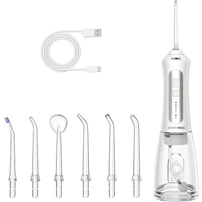BARBERBOSS Irrigador bucal recargable para dientes y encías, 5 modos de limpieza, 5 boquillas de chorro, depósito de 300 ml, USB inalámbrico, resistente al agua IPX7 y boquilla de 360° BARBERBOSS Irrigador bucal recargable para dientes y encías, 5 modos de limpieza, 5 boquillas de chorro, depósito de 300 ml, USB inalámbrico, resistente al agua IPX7 y boquilla de 360°
