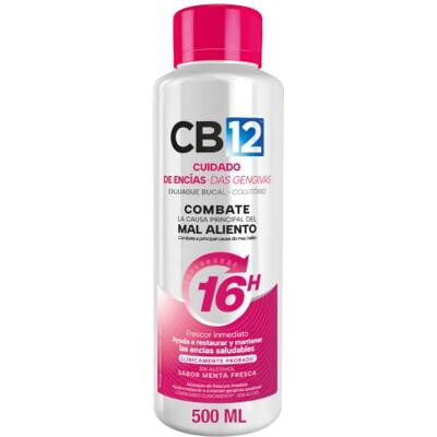 CB12 16H Cuidado de Encías Enjuague Bucal para Mal Aliento y Protección de Encias, Sabor Menta, Aliento Fresco, Sin Alcohol 500 ml CB12 16H Cuidado de Encías Enjuague Bucal para Mal Aliento y Protección de Encias, Sabor Menta, Aliento Fresco, Sin Alcohol 500 ml