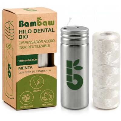 Bambaw Hilo Dental Vegano Botella + 50m Hilo Dental Hilo Dental Biodegradable Bote Dispensador Reutilizable de Acero Inoxidable Higiene Dental Bambaw Hilo Dental Vegano Botella + 50m Hilo Dental Hilo Dental Biodegradable Bote Dispensador Reutilizable de Acero Inoxidable Higiene Dental