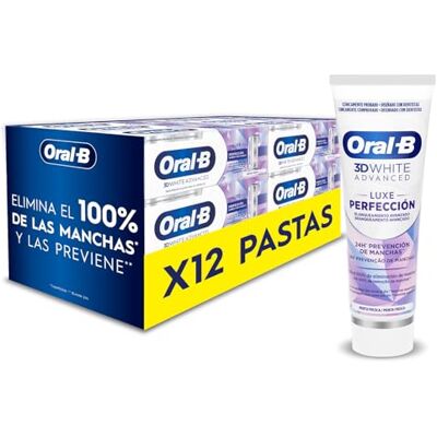 Oral-B 3D White Advanced Luxe Perfection Pasta de Dientes Blanqueadora, Pack 12x75 ml Blanqueamiento Avanzado, Eliminación de Manchas, Dentífrico con Flúor, Sabor a Hierbabuena Fresca Oral-B 3D White Advanced Luxe Perfection Pasta de Dientes Blanqueadora, Pack 12x75 ml Blanqueamiento Avanzado, Eliminación de Manchas, Dentífrico con Flúor, Sabor a Hierbabuena Fresca
