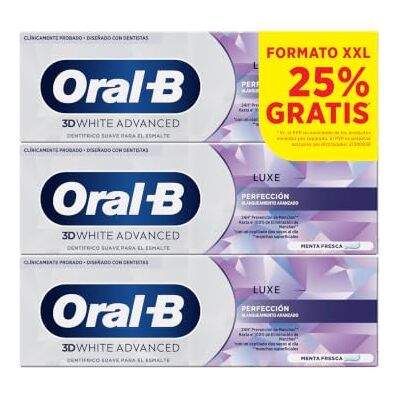 Oral-B 3D White Advanced Luxe Perfection Dentífrico Blanqueador, 3x75 ml Blanqueamiento Avanzado, Eliminación de Manchas, Pasta de Dientes con Flúor, Sabor a Hierbabuena Fresca Oral-B 3D White Advanced Luxe Perfection Dentífrico Blanqueador, 3x75 ml Blanqueamiento Avanzado, Eliminación de Manchas, Pasta de Dientes con Flúor, Sabor a Hierbabuena Fresca