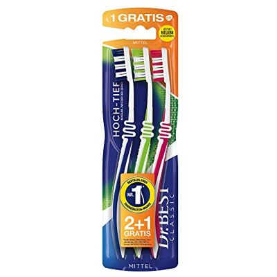 Dr.Best Cepillo de dientes de alta profundidad mediano (2 unidades + 1 pieza gratis), para una limpieza profunda entre los dientes con perfil curvado, varios colores Dr.Best Cepillo de dientes de alta profundidad mediano (2 unidades + 1 pieza gratis), para una limpieza profunda entre los dientes con perfil curvado, varios colores