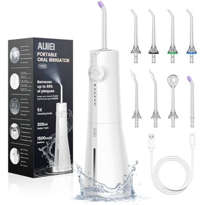 AUIEI Jet Dental Hydropulsor Portable Water Flosser, irrigador oral 5 modos y 8 boquillas, tanque de 300 ml, USB cargado, impermeable IPX7, apto para gencia sensible, blanco AUIEI Jet Dental Hydropulsor Portable Water Flosser, irrigador oral 5 modos y 8 boquillas, tanque de 300 ml, USB cargado, impermeable IPX7, apto para gencia sensible, blanco