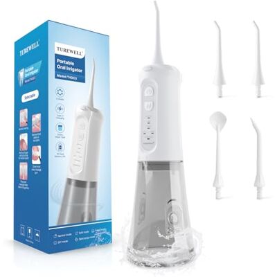TUREWELL Irrigador Bucal Portatil de 310 ML con 5 Modos, 4 Boquillas, Irrigador Dental Recargable IPX7 Impermeable al Agua para el Hogar y Los Viajes, Mejora la Salud Dental TUREWELL Irrigador Bucal Portatil de 310 ML con 5 Modos, 4 Boquillas, Irrigador Dental Recargable IPX7 Impermeable al Agua para el Hogar y Los Viajes, Mejora la Salud Dental