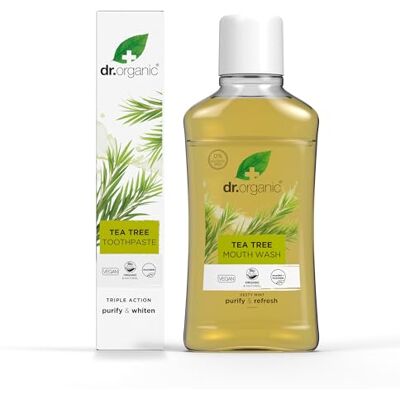 Dr.Organic Dr Organic Dentífrico de Árbol de Té 100ml & Enjuague Bucal 500ml Sin Alcohol, Natural, Mal Aliento & Encías Saludables, Sin Parabenos & SLS, Vegano Dr.Organic Dr Organic Dentífrico de Árbol de Té 100ml & Enjuague Bucal 500ml Sin Alcohol, Natural, Mal Aliento & Encías Saludables, Sin Parabenos & SLS, Vegano