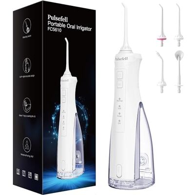 Pulsefell Irrigador Dental Portátil, 300 ML Water Flosser Recargable por USB Inalámbrico con 4 Boquillas y 4 Modos, Impermeable IPX7 para Hogar y Viajes (Blanco) Pulsefell Irrigador Dental Portátil, 300 ML Water Flosser Recargable por USB Inalámbrico con 4 Boquillas y 4 Modos, Impermeable IPX7 para Hogar y Viajes (Blanco)