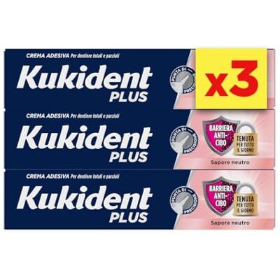 Kukident Plus Crema adhesiva para sellos, pegamento para dientes para dentaduras totales y parciales, 3 paquetes de 35 g, sabor neutro, tecnología antifiltraciones Kukident Plus Crema adhesiva para sellos, pegamento para dientes para dentaduras totales y parciales, 3 paquetes de 35 g, sabor neutro, tecnología antifiltraciones