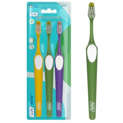TePe Cepillo de dientes Nova, Suave, 3 ud., punta más larga para mejor acceso a los dientes posteriores, cepillo de dientes suave para una eliminación de la placa fácil y eficiente TePe Cepillo de dientes Nova, Suave, 3 ud., punta más larga para mejor acceso a los dientes posteriores, cepillo de dientes suave para una eliminación de la placa fácil y eficiente