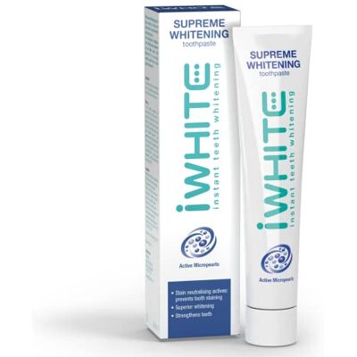 iWhite Supreme Pasta de Dientes Blanqueante, 75ml Blanqueamiento Activo y Eliminación de Manchas en los Dientes. Refuerza, Protege y Refresca el Aliento Microperlas para unos Dientes más Blancos iWhite Supreme Pasta de Dientes Blanqueante, 75ml Blanqueamiento Activo y Eliminación de Manchas en los Dientes. Refuerza, Protege y Refresca el Aliento Microperlas para unos Dientes más Blancos