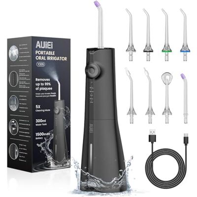 AUIEI Jet Dental Hydropulsor Portable Water Flosser, Irrigador oral 5 modos y 8 boquillas, depósito de 300 ml, USB cargado, impermeable IPX7, apto para gencia sensible (Negro) AUIEI Jet Dental Hydropulsor Portable Water Flosser, Irrigador oral 5 modos y 8 boquillas, depósito de 300 ml, USB cargado, impermeable IPX7, apto para gencia sensible (Negro)