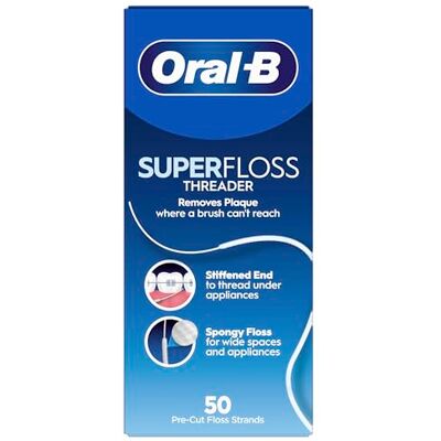Oral-B Superfloss Enhebrador, elimina la placa y el sarro, hilo dental para aparatos ortopédicos, electrodomésticos, 50 hebras , pack of 2 Oral-B Superfloss Enhebrador, elimina la placa y el sarro, hilo dental para aparatos ortopédicos, electrodomésticos, 50 hebras , pack of 2