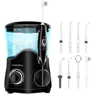 TUREWELL Irrigador Dental, Irrigador Bucal Professionale con 8 Boquillas Multifuncionales, Capacidad de 600ml, 10 Ajustes de Presión del agua, Limpieza Dientes Negro TUREWELL Irrigador Dental, Irrigador Bucal Professionale con 8 Boquillas Multifuncionales, Capacidad de 600ml, 10 Ajustes de Presión del agua, Limpieza Dientes Negro