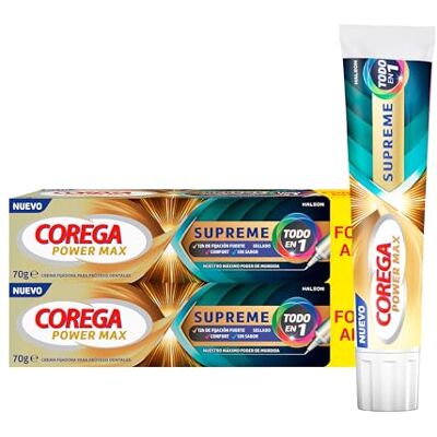 Corega Supreme Todo en 1, Crema Fijadora Para Prótesis Dentales, Con la Mejor Tecnología de Poder de Mordida de , Fijación Fuerte, Sellado, Comodidad, Sin Sabor, Pack de 2 x 70 g Corega Supreme Todo en 1, Crema Fijadora Para Prótesis Dentales, Con la Mejor Tecnología de Poder de Mordida de , Fijación Fuerte, Sellado, Comodidad, Sin Sabor, Pack de 2 x 70 g