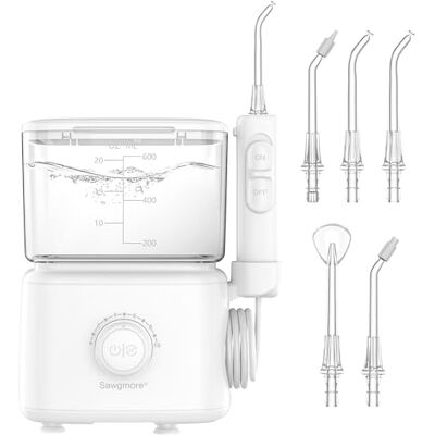 Sawgmore Irrigador Dental, Irrigador Bucal con 5 Boquillas Multifuncionales, Capacidad de 600ML, 10 Ajustes de Presión del Agua, Limpieza Dientes para Cuidado Dental Familiar (Blanco) Sawgmore Irrigador Dental, Irrigador Bucal con 5 Boquillas Multifuncionales, Capacidad de 600ML, 10 Ajustes de Presión del Agua, Limpieza Dientes para Cuidado Dental Familiar (Blanco)