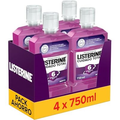 Listerine Cuidado Total (4x750 ml), enjuague bucal con flúor, colutorio bucal con 6 beneficios en 1, elixir bucal para una limpieza bucal completa Listerine Cuidado Total (4x750 ml), enjuague bucal con flúor, colutorio bucal con 6 beneficios en 1, elixir bucal para una limpieza bucal completa