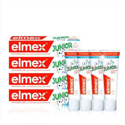 ELMEX Junior Protección Caries Pasta de Dientes Infantil, Pack 4 Uds x 75ml, Protege contra la Caries, Dentífrico para Niños 6-12 Años, Contiene Fluoruro de Amina ELMEX Junior Protección Caries Pasta de Dientes Infantil, Pack 4 Uds x 75ml, Protege contra la Caries, Dentífrico para Niños 6-12 Años, Contiene Fluoruro de Amina
