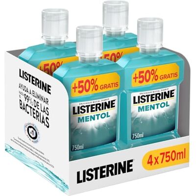 Listerine Mentol Enjuague bucal con flúor, colutorio encías con 24 horas de protección, elixir bucal mentolado para un aliento fresco duradero, pack de 4 x 750 ml Listerine Mentol Enjuague bucal con flúor, colutorio encías con 24 horas de protección, elixir bucal mentolado para un aliento fresco duradero, pack de 4 x 750 ml