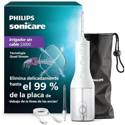 Philips Sonicare Irrigador oral Power Flosser 3000 sin cable con tecnología Quad Stream y Pulse Wave, HX3826/31, Negro, 3000, Blanco Philips Sonicare Irrigador oral Power Flosser 3000 sin cable con tecnología Quad Stream y Pulse Wave, HX3826/31, Negro, 3000, Blanco