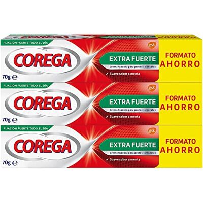 Corega Crema Fijadora Para Prótesis Dentales, Extra Fuerte, Durante Todo el Día, Sabor a Menta Fresca, Pack 3 Unidades x 70 g Corega Crema Fijadora Para Prótesis Dentales, Extra Fuerte, Durante Todo el Día, Sabor a Menta Fresca, Pack 3 Unidades x 70 g