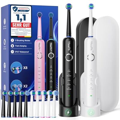 YTEATH PRO Cepillo de Dientes Eléctrico de Rotación Adultos Cepillo Electrico Paquete de 2, con 10 Cabezales y Estuche de Viaje, 5 Modos, IPX7 Impermeable, Cepillo Dientes Electrico, Negro y Blanco YTEATH PRO Cepillo de Dientes Eléctrico de Rotación Adultos Cepillo Electrico Paquete de 2, con 10 Cabezales y Estuche de Viaje, 5 Modos, IPX7 Impermeable, Cepillo Dientes Electrico, Negro y Blanco