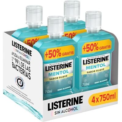 Listerine Mentol Sabor Suave (4x750 ml), enjuague bucal con flúor, colutorio encías con 24 h de protección y 0% alcohol, enjuague bucal sin alcohol para un aliento fresco Listerine Mentol Sabor Suave (4x750 ml), enjuague bucal con flúor, colutorio encías con 24 h de protección y 0% alcohol, enjuague bucal sin alcohol para un aliento fresco