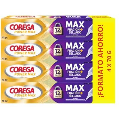 Corega Max Fijación+ Sellado, Máximo Sellado, Crema Fijadora Para Prótesis Dentales, Hasta 12 Horas de Fijación, 4x70 g Corega Max Fijación+ Sellado, Máximo Sellado, Crema Fijadora Para Prótesis Dentales, Hasta 12 Horas de Fijación, 4x70 g