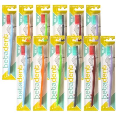 BETADENT Kit de 12 cepillos extrasoft. Cerdas suaves con puntas redondeadas. Antiplaca, Anatómica. 12 unidades de colores surtidos BETADENT Kit de 12 cepillos extrasoft. Cerdas suaves con puntas redondeadas. Antiplaca, Anatómica. 12 unidades de colores surtidos