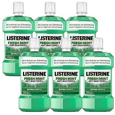 Listerine Fresh Mint (6 x 500 ml), enjuague bucal antibacteriano con aceites esenciales para un aliento fresco Listerine Fresh Mint (6 x 500 ml), enjuague bucal antibacteriano con aceites esenciales para un aliento fresco