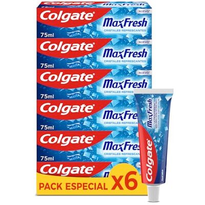 Colgate Pasta de Dientes Max White Cristales Refrescantes Pack 6 x 75 ml Sabor Menta Dentífrico con Flúor Sensación de Frescor Instantáneo y 10 veces más Duradero Colgate Pasta de Dientes Max White Cristales Refrescantes Pack 6 x 75 ml Sabor Menta Dentífrico con Flúor Sensación de Frescor Instantáneo y 10 veces más Duradero
