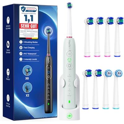 YTEATH PRO Cepillo de Dientes Eléctrico de Rotación para Dientes Sensibles Cepillo Eléctrico Adultos 3 Intensidades, 5 Modos, 8 Cabezales, IPX7 Impermeable, Cepillo Dientes Electrico Viaje, Verde Claro YTEATH PRO Cepillo de Dientes Eléctrico de Rotación para Dientes Sensibles Cepillo Eléctrico Adultos 3 Intensidades, 5 Modos, 8 Cabezales, IPX7 Impermeable, Cepillo Dientes Electrico Viaje, Verde Claro