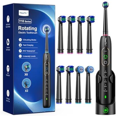 YTEATH PRO Cepillo de Dientes Eléctrico de Rotación para Adultos Cepillo Eléctrico 3 Intensidades, 5 Modos, 8 Cabezales, IPX7 Impermeable, Cepillo Dientes Electrico Viaje Recargable, Negro Profundo YTEATH PRO Cepillo de Dientes Eléctrico de Rotación para Adultos Cepillo Eléctrico 3 Intensidades, 5 Modos, 8 Cabezales, IPX7 Impermeable, Cepillo Dientes Electrico Viaje Recargable, Negro Profundo