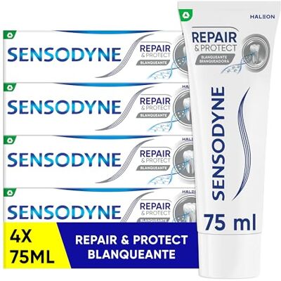 Sensodyne Repair & Protect Blanqueante, Pasta Dentífrica para Dientes Sensibles, Protección y Alivio Frente a Sensibilidad Dental, Pack de 4 x 75 ml Sensodyne Repair & Protect Blanqueante, Pasta Dentífrica para Dientes Sensibles, Protección y Alivio Frente a Sensibilidad Dental, Pack de 4 x 75 ml