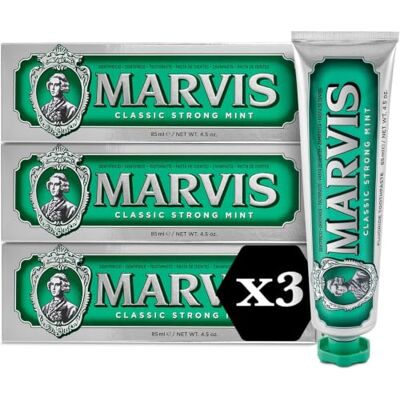 Marvis Classic Strong Mint Pasta de dientes, 3 × 85 ml, Pasta de dientes con garantía de experiencia de sabor para una frescura revitalizante y duradera Marvis Classic Strong Mint Pasta de dientes, 3 × 85 ml, Pasta de dientes con garantía de experiencia de sabor para una frescura revitalizante y duradera