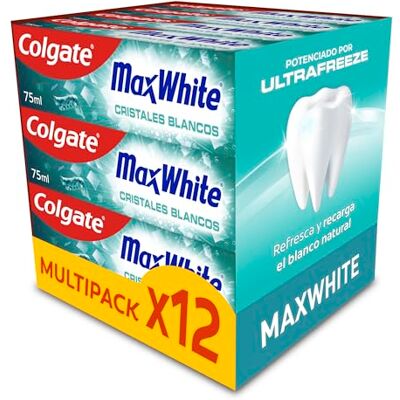 Colgate Max White Pasta de Dientes Cristales Blancos 12x75ml, frescor potenciado por UltraFreeze, 10x más duradero, recupera el blanco natural de tus dientes, explosión instantánea de fresco Colgate Max White Pasta de Dientes Cristales Blancos 12x75ml, frescor potenciado por UltraFreeze, 10x más duradero, recupera el blanco natural de tus dientes, explosión instantánea de fresco