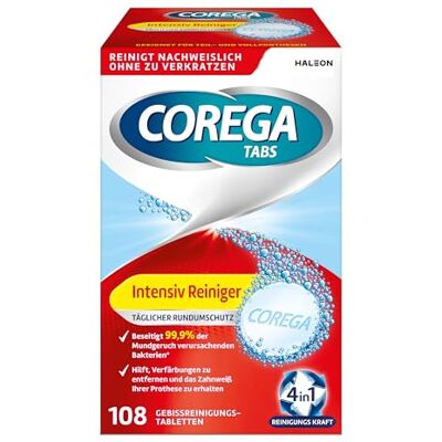 Corega Limpiador dental intensivo de TABS, protección completa para prótesis dentales extraíbles/terceros dientes, 1 x 108 pastillas de limpieza de dientes Corega Limpiador dental intensivo de TABS, protección completa para prótesis dentales extraíbles/terceros dientes, 1 x 108 pastillas de limpieza de dientes