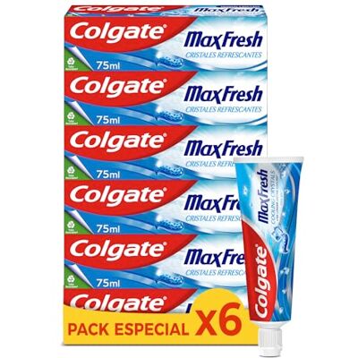Colgate Max Fresh Pasta de Dientes con Flúor y Cristales Refrescantes, Pack 6 Uds x 75ml, Tecnología FX para una Sensación de Frescor que Dura 10 Veces Más, Ayuda a Combatir la Caries Colgate Max Fresh Pasta de Dientes con Flúor y Cristales Refrescantes, Pack 6 Uds x 75ml, Tecnología FX para una Sensación de Frescor que Dura 10 Veces Más, Ayuda a Combatir la Caries