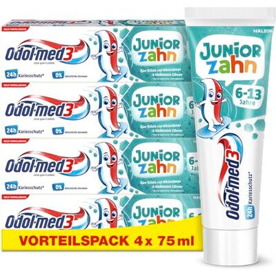 Odol-med 3 Odol-med3 Pasta de dientes para niños a partir de 6 años para proteger los dientes de leche y los dientes permanentes, 4 x 75 ml Odol-med 3 Odol-med3 Pasta de dientes para niños a partir de 6 años para proteger los dientes de leche y los dientes permanentes, 4 x 75 ml