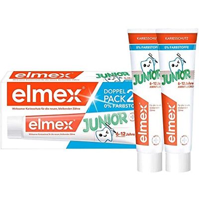 ELMEX Pasta de dientes Junior 6-12 años 2 x 75 ml – Limpieza dental médica con 1400 ppm de contenido de flúor para una protección eficaz contra la caries – fortalece los dientes nuevos y permanentes ELMEX Pasta de dientes Junior 6-12 años 2 x 75 ml – Limpieza dental médica con 1400 ppm de contenido de flúor para una protección eficaz contra la caries – fortalece los dientes nuevos y permanentes
