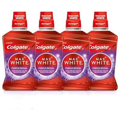 Colgate Max White Purple Reveal Enjuague bucal 4x 500ml Blanqueador de dientes Mantiene los dientes blancos por más tiempo Prevención duradera de manchas Ayuda a prevenir la decoloración amarilla Colgate Max White Purple Reveal Enjuague bucal 4x 500ml Blanqueador de dientes Mantiene los dientes blancos por más tiempo Prevención duradera de manchas Ayuda a prevenir la decoloración amarilla