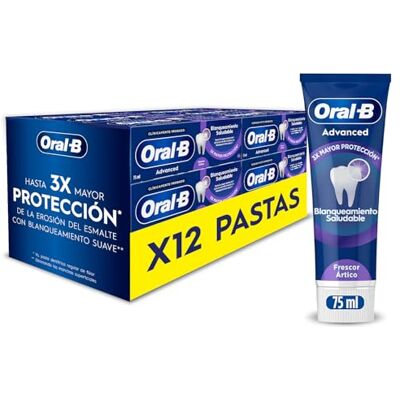 Oral-B Advanced Blanqueamiento Saludable Pasta de Dientes Blanqueadora, Pack 12x75 ml Dentífrico Refrescante con Fluoruro de Estaño, Elimina Las Manchas, Refresca El Aliento, Sabor Menta Pura Oral-B Advanced Blanqueamiento Saludable Pasta de Dientes Blanqueadora, Pack 12x75 ml Dentífrico Refrescante con Fluoruro de Estaño, Elimina Las Manchas, Refresca El Aliento, Sabor Menta Pura