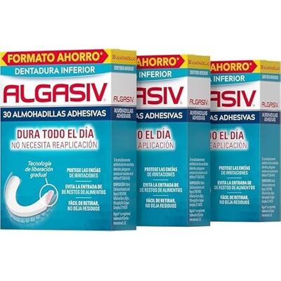 ALGASIV Almohadillas Adhesivas Para Dentaduras Postizas Inferiores, Pack de 3 x 30 Unidades. Duran todo el día y protegen las encías. ALGASIV Almohadillas Adhesivas Para Dentaduras Postizas Inferiores, Pack de 3 x 30 Unidades. Duran todo el día y protegen las encías.